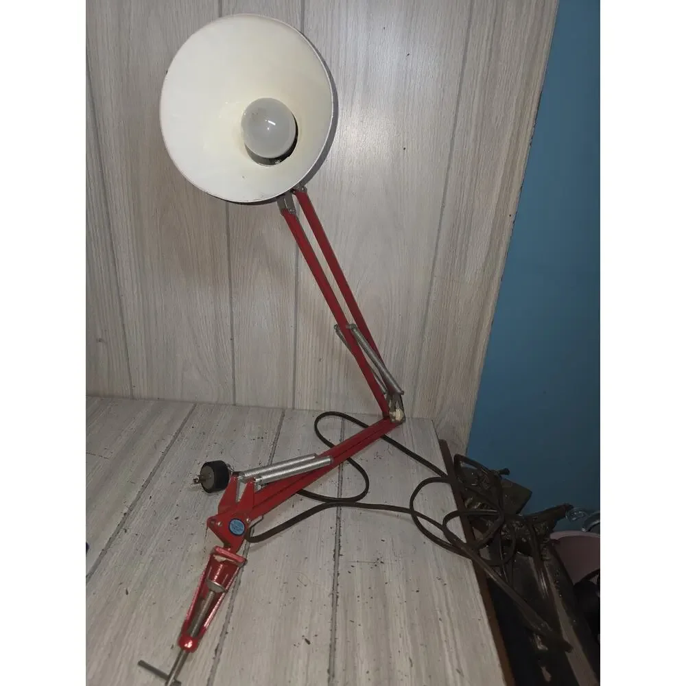 Vintage Articulating Desk Lamp Red Draftsman Architect Clamp On Spring Arm Works